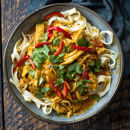 Aromatic chicken curry served with rice noodles, topped with fresh cilantro and red peppers.の写真素材