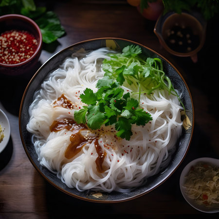 A bowl of delicious Asian rice noodles garnished with fresh cilantro and sesame seeds. A culinary delight!の写真素材