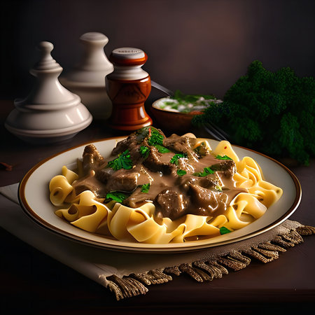 A mouthwatering photo of beef stroganoff served over egg noodles. Rich brown sauce and fresh parsley garnish a delightful meal.の写真素材