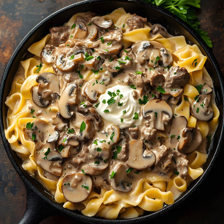 Creamy beef stroganoff served over egg noodles, garnished with fresh parsley. A classic comfort food recipe.の写真素材