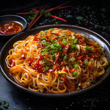 A vibrant plate of spicy noodles, topped with sesame seeds and spring onions. A delicious Asian cuisine dish.の写真素材