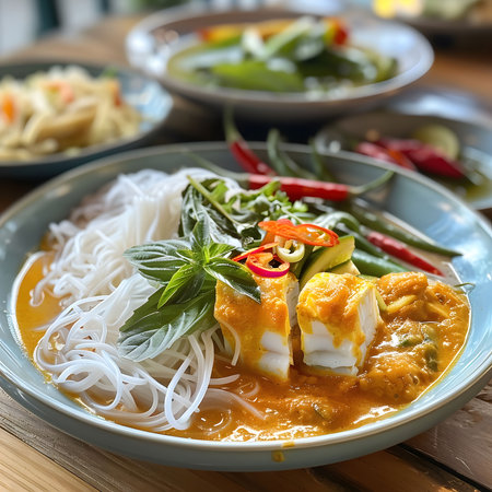 Savory Thai fish curry served with rice noodles, garnished with fresh herbs and chili peppers.の写真素材