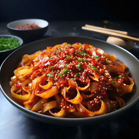 A close-up shot of a delectable plate of spicy Korean glass noodles, topped with sesame seeds and green onions.の写真素材
