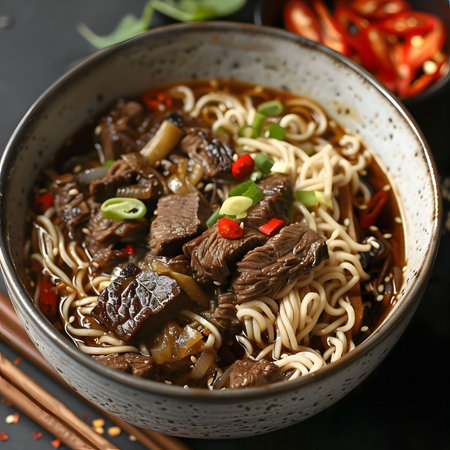Savory beef noodle soup in a rustic bowl. A warm, comforting meal.の写真素材