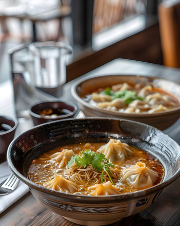 Close-up of a flavorful bowl of dumpling soup with noodles, a delectable Asian culinary experience.の写真素材