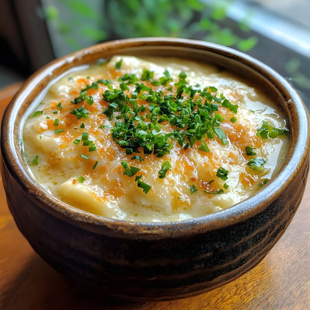 A close-up shot of a bowl of creamy scalloped potatoes, topped with melted cheese and fresh herbs. It looks delicious!の写真素材