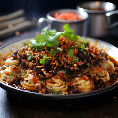 A flavorful dish of spicy stir-fried squid served atop noodles, garnished with fresh cilantro. A culinary delight!の写真素材