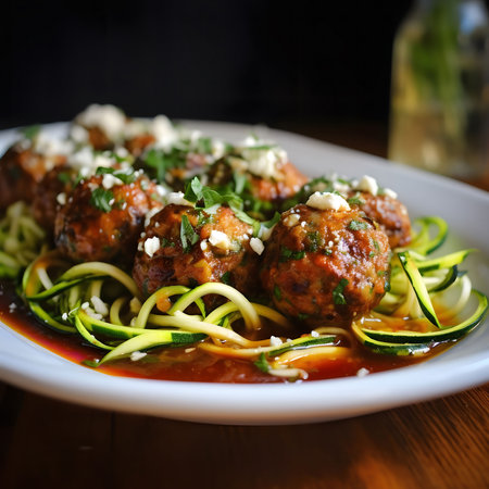Close-up of flavorful lamb meatballs served over zucchini noodles, topped with feta and fresh herbs. A delicious and healthy meal.の写真素材