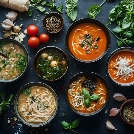 Overhead shot of various delicious Asian-inspired noodles and soup dishes, with fresh herbs and ingredients.の写真素材