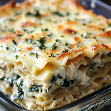 A mouthwatering image of a creamy chicken spinach lasagna, perfectly baked and ready to be enjoyed.の写真素材