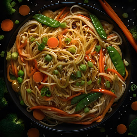 A close-up view of a delicious bowl of noodles with mixed vegetables. The dish looks appetizing and colorful.の写真素材