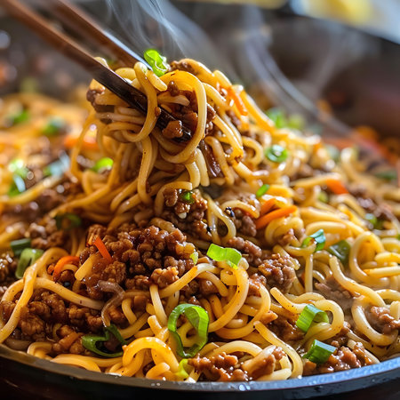 A close-up shot of flavorful noodles with ground meat, showing its delicious texture and aroma.の写真素材