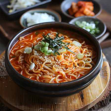 A vibrant bowl of Korean spicy noodle soup, garnished with sesame seeds and green onions. A culinary masterpiece!の写真素材