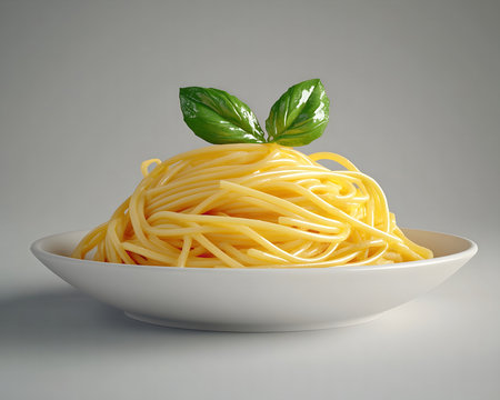 Close-up view of a plate of spaghetti, garnished with fresh basil. The paste appears perfectly cooked and glistening.の写真素材
