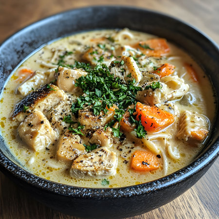 Creamy Chicken Noodle soup, a comforting and delicious meal. Perfect for a cozy night in.の写真素材