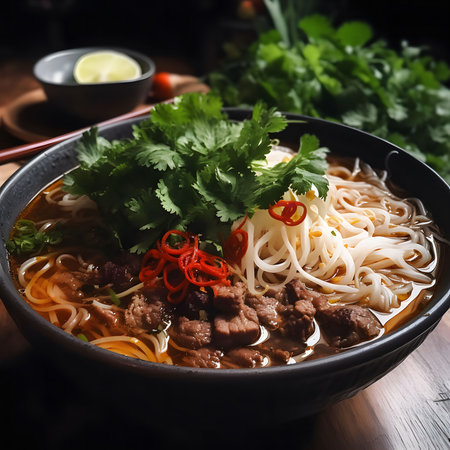 Scrumptious Beef Pho with rice noodles, tender beef, rich broth and fresh cilantro. A perfect comforting meal!の写真素材