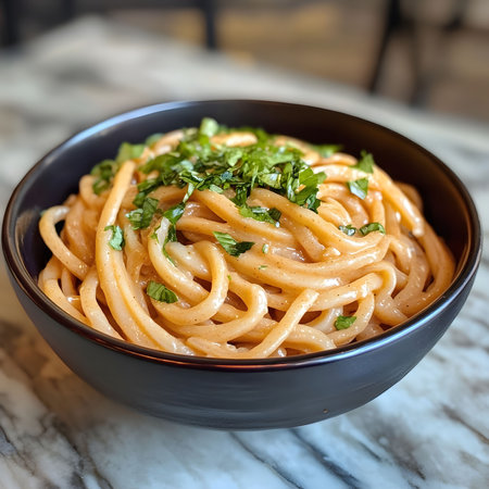 Close-up of creamy udon noodles in a bowl, topped with fresh basil. A simple yet satisfying dish.の写真素材