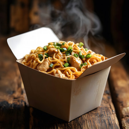 A close-up shot of steaming hot chicken noodles in a takeout container. The noodles look delicious and ready to be enjoyed.の写真素材