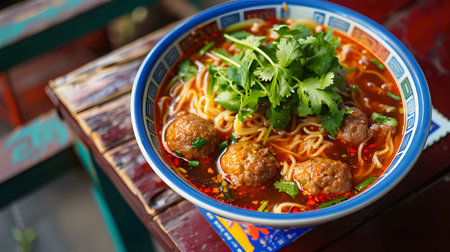 A vibrant bowl of spicy noodle soup, featuring tender meatballs and fresh cilantro. A delightful culinary experience!の写真素材