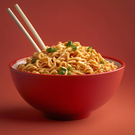 A red bowl filled with spicy noodles and garnished with chopped green onions. Chopsticks are placed on top of the bowl.の写真素材