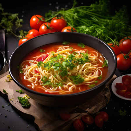 A hearty bowl of tomato paste soup, garnished with fresh parsley. Perfect comfort food!の写真素材