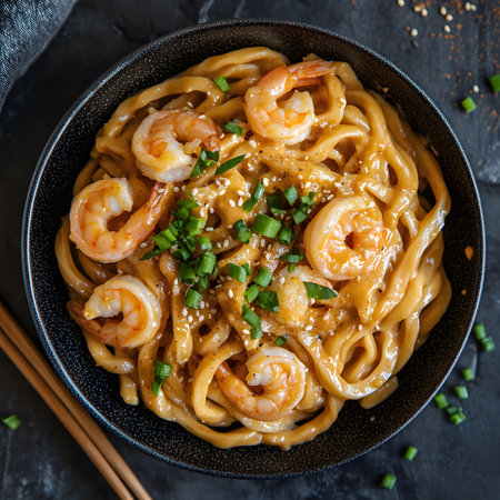 Scrumptious creamy shrimp udon noodles in a black bowl, garnished with sesame seeds and green onions. A delightful Asian-inspired meal!の写真素材