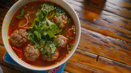 A steaming bowl of spicy beef noodle soup, garnished with fresh cilantro. Delicious!の写真素材