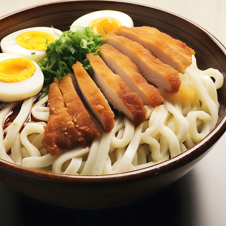 A close-up shot of a bowl of udon noodles topped with crispy fried chicken, soft-boiled eggs, and spring onions. This appetizing dish is a perfect example of delicious Japanese cuisine.の写真素材