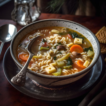 A hearty bowl of vegetable noodle soup, perfect for a cozy evening. The warm colors and comforting ingredients make it inviting.の写真素材