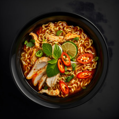 Aromatic bowl of spicy chicken ramen, garnished with fresh lime, chili peppers, and herbs. Delicious...