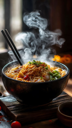 A close-up shot of a steaming bowl of noodles, chopsticks ready to eat.の写真素材
