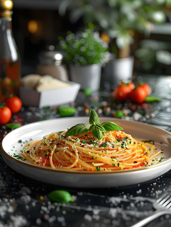 A plate of spaghetti with tomato sauce, basil, and parmesan cheese. A delicious Italian meal.の写真素材
