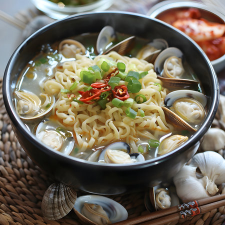 A steaming bowl of clam noodle soup, perfect for a cozy meal. Fresh clams and noodles in a flavorful broth.の写真素材