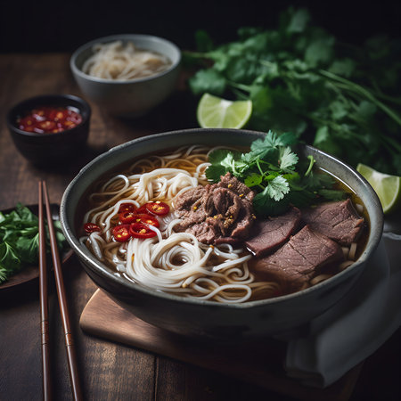 A delicious bowl of beef pho, featuring tender beef slices, aromatic rice noodles, vibrant cilantro, and spicy chilies.の写真素材