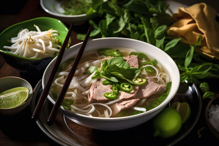 A steaming bowl of Pho Bo, Vietnam's iconic beef noodle soup. The rich broth, tender beef, and fresh herbs create a perfect dish.の写真素材