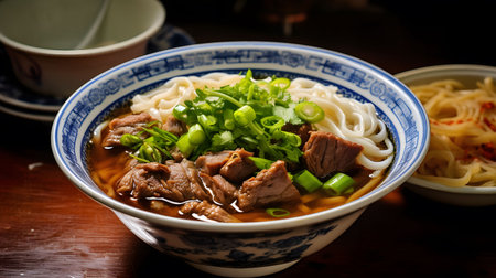 A delicious bowl of beef noodle soup, garnished with fresh herbs. The rich broth and tender beef...