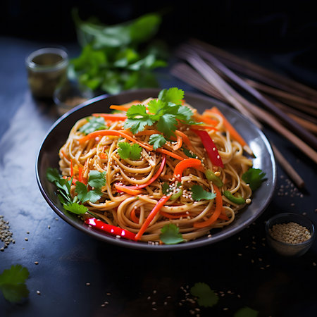 A tempting bowl of Asian-style noodles tossed with a medley of colorful veggies and sesame seeds.の写真素材
