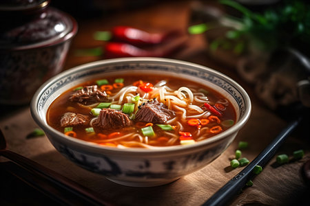 A steaming bowl of flavorful Asian beef noodle soup, rich broth, tender beef, and vibrant vegetables. Perfect comfort food.の写真素材