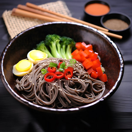 A close-up shot of a bowl of soba noodles topped with colorful vegetables, including broccoli, red...