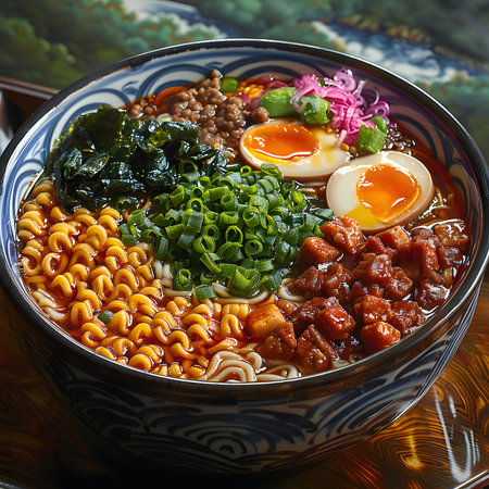 A vibrant ramen bowl brimming with noodles, eggs, seaweed, and savory broth. A culinary masterpiece!の写真素材
