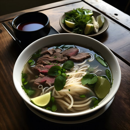 Aromatic and flavorful bowl of Pho Bo, featuring tender beef slices, rice noodles, fresh herbs, and a flavorful broth.の写真素材