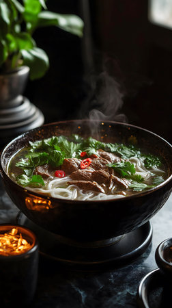 A steaming bowl of delicious beef pho, a classic Vietnamese noodle soup. The broth is rich and flavorful with tender beef, rice noodles and fresh herbs.の写真素材