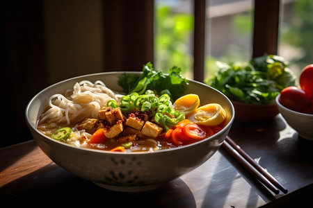 A vibrant bowl of Asian noodle soup, featuring soft tofu, halved eggs, and fresh vegetables.