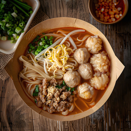 A flavorful bowl of spicy noodle soup, garnished with meatballs, spring onions and bean sprouts. This appetizing dish is perfect for a warm and comforting meal.の写真素材