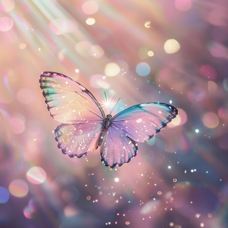 A stunning butterfly with iridescent wings soars through a magical, light-filled scene.