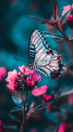 A stunning butterfly delicately perched on a vibrant pink flower. Teal hues create a magical atmosphere.の写真素材