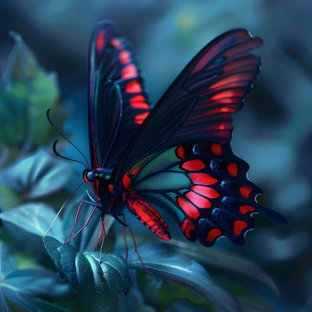 A mesmerizing close-up of a dark butterfly with vibrant red accents. Its wings are intricately detailed, creating a fantasy-like feel.の写真素材