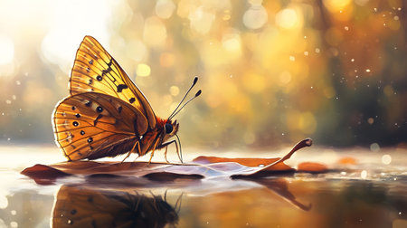 A golden butterfly rests on an autumn leaf floating on calm water. Its reflection is visible, creating a serene scene.の写真素材