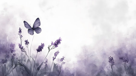 A watercolor painting of a serene lavender field with a delicate purple butterfly.の写真素材