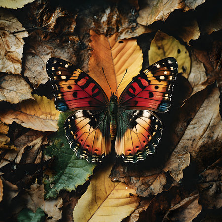 A vibrant butterfly rests on fallen autumn leaves. The rich colors contrast beautifully.の写真素材